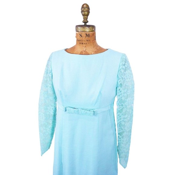 Vintage 1960s Formal Gown Baby Blue Lace Sleeves Formal Maxi | W 31" - Picture 3 of 5